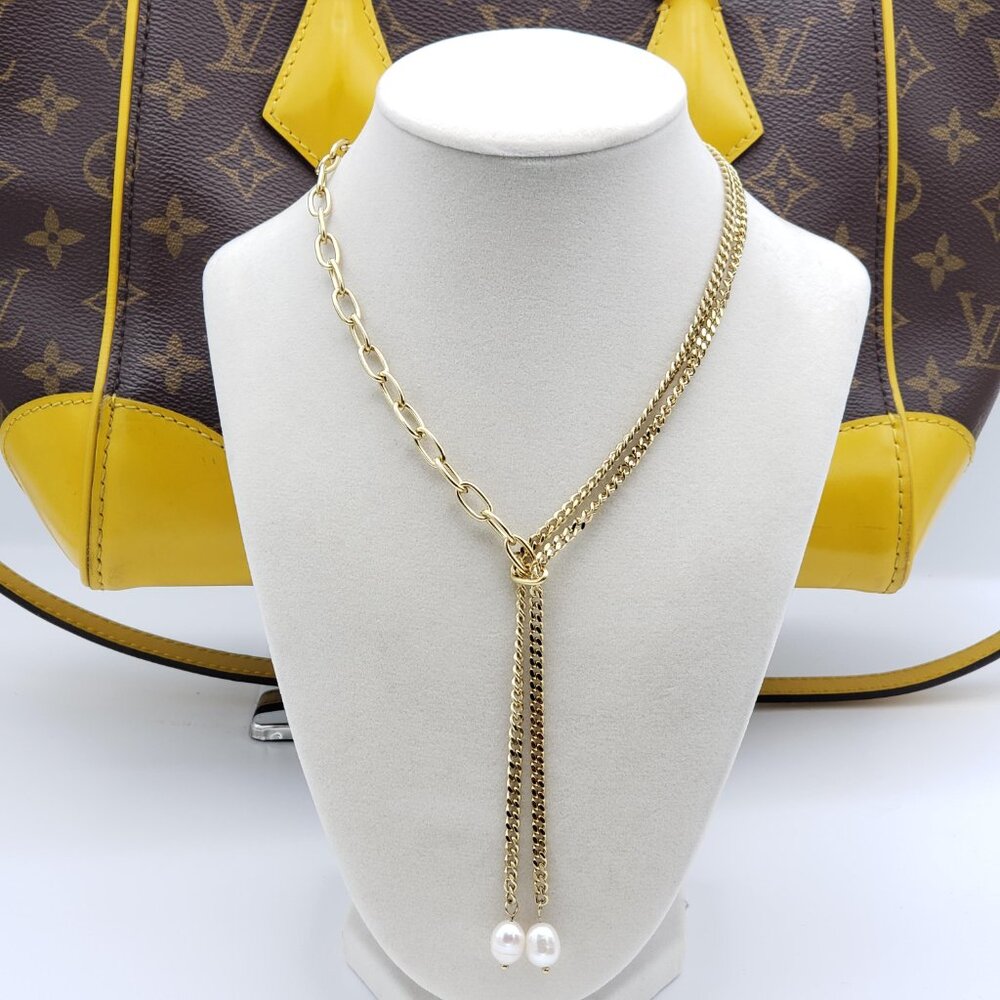 18k Gold Plated Stainless Steel Real Pearl Temperament Long Collarbone Necklace